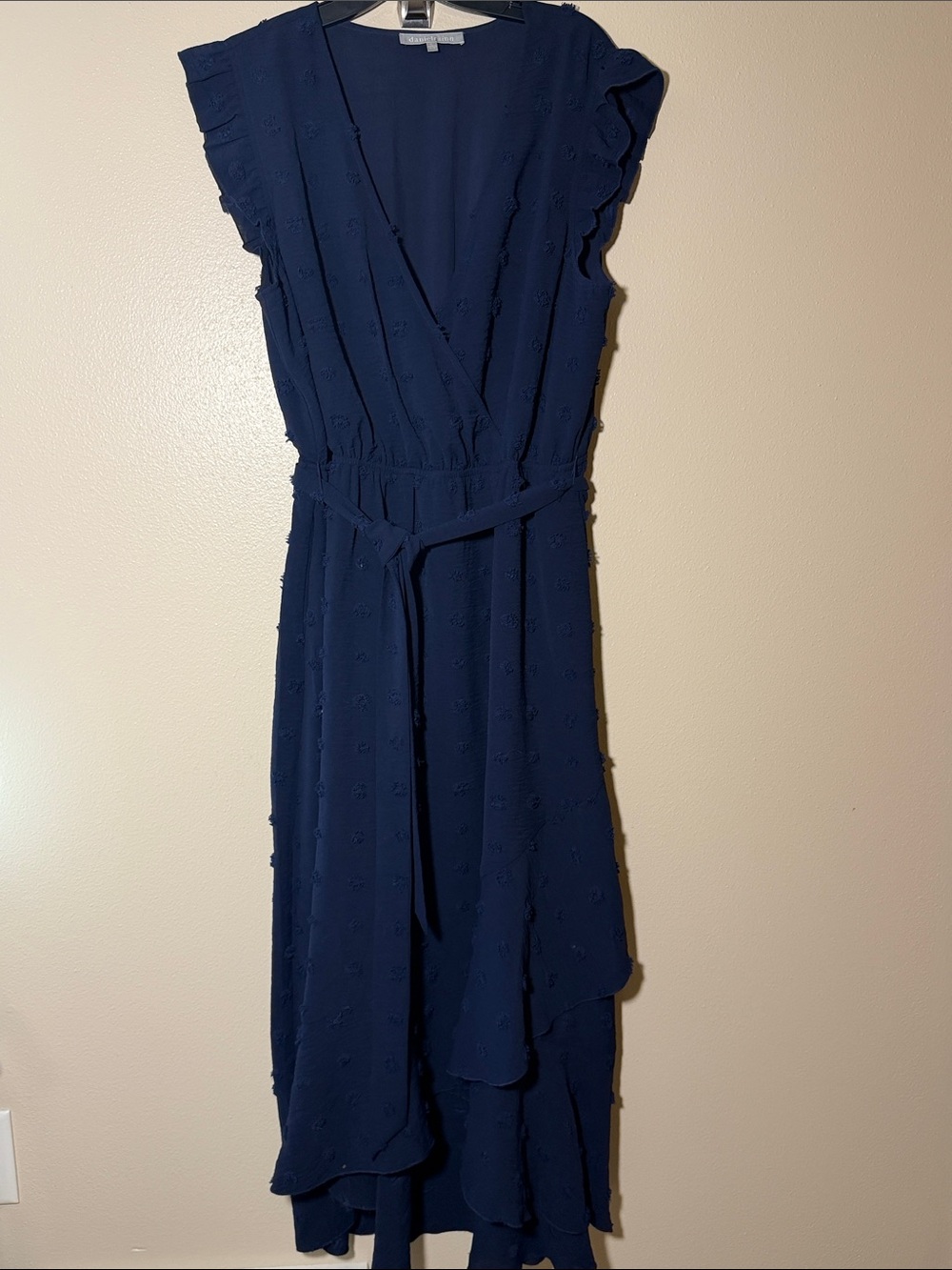 Daniel Rainn Navy Blue High-Low Wrap Dress with Tie Waist
